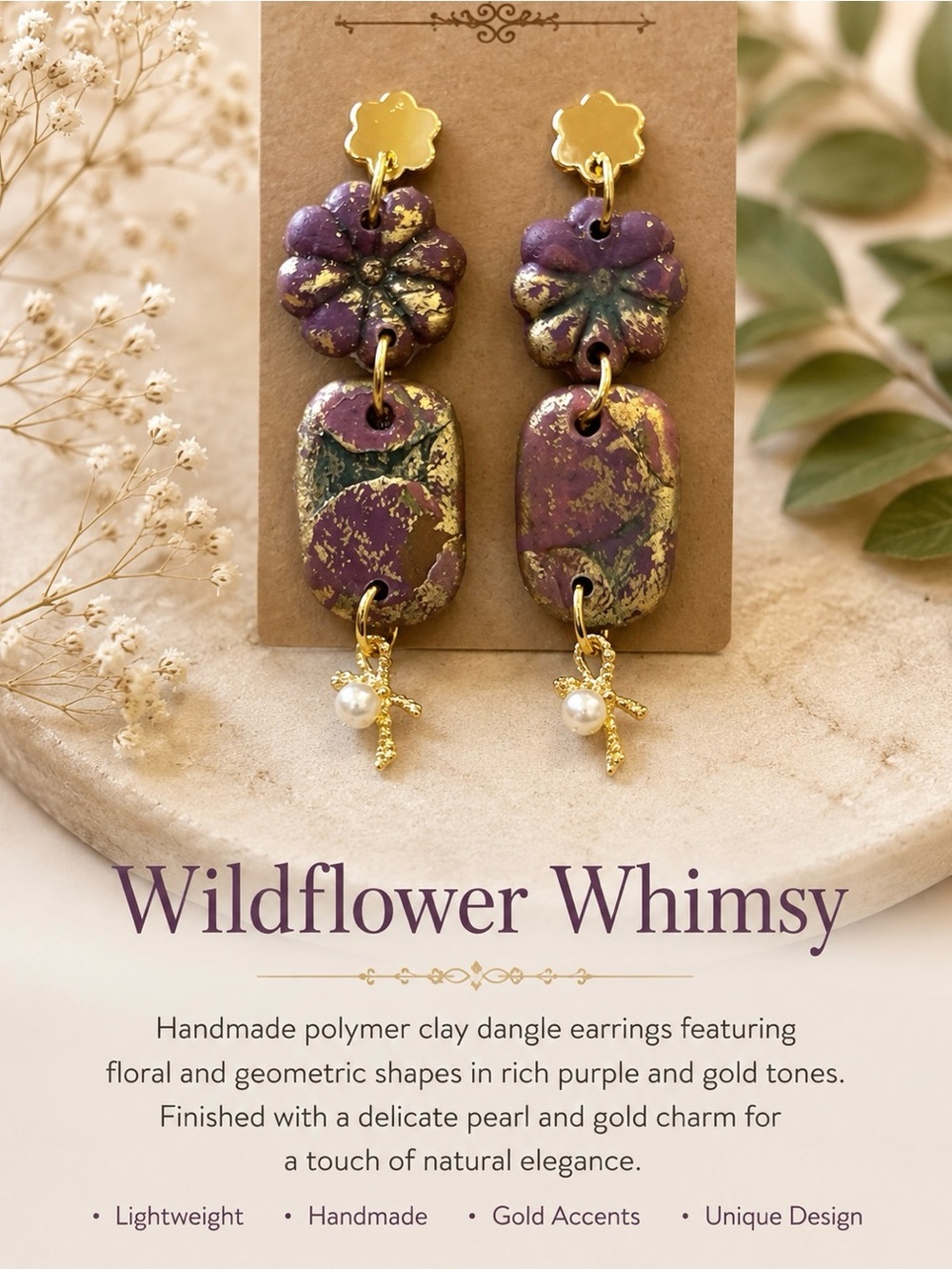 Wildflower Whimsy Purple & Gold Dangle Earrings